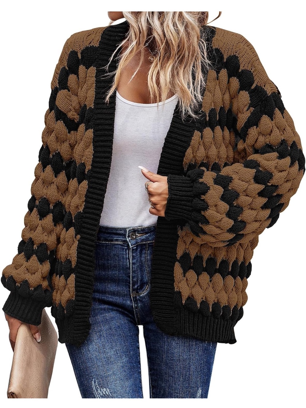 Open-Front Chunky Knit Cardigan in Brown and Black